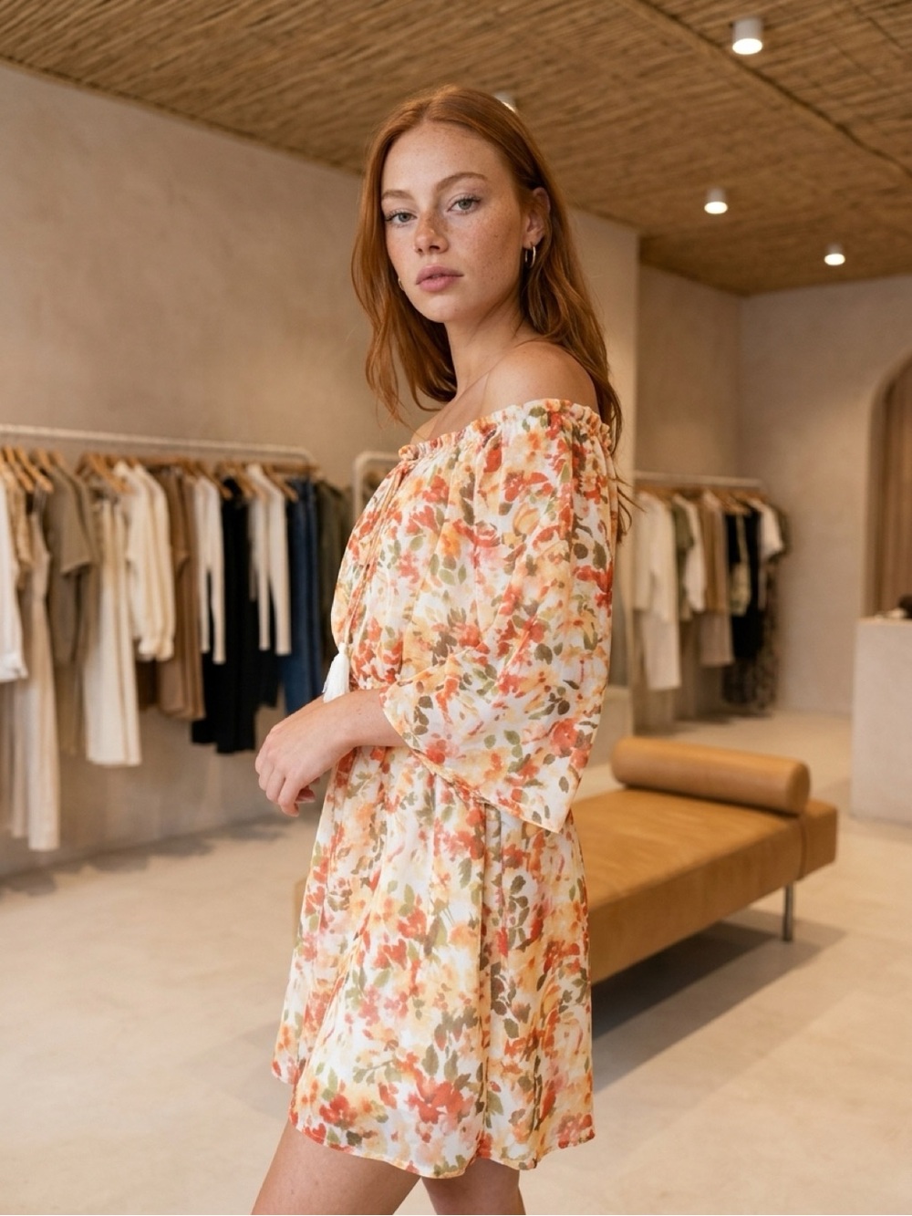 Cupshe Floral Mini Dress in Cream & Orange Like New